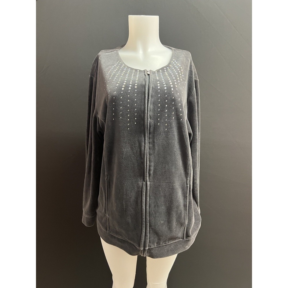 Liz & Me Sport Full Zip Velour Sweater gray studded plus Size 2X